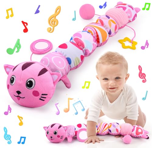 Image of Vpkefla Baby Toys 0 to 12 Months, Stuffed Animal Infant Tummy Time Toys Sensory Toys with Crinkle Rattles Textures and Mirror Gifts for Newborn Boys Girls, Cat Caterpillar Musical Toys (Pink)