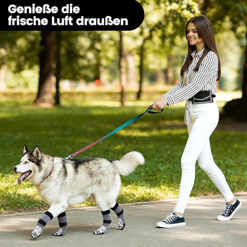 Apoway 4 Stück rutschfeste Hundesocken Anti Rutsch, Pfotenschutz Hund wasserdicht mit verstellbaren Riemen und zweiseitiges Silikon, Antirutschsocken Hund für Kratzern/Hitze/Kälte/Leckschutz, XL