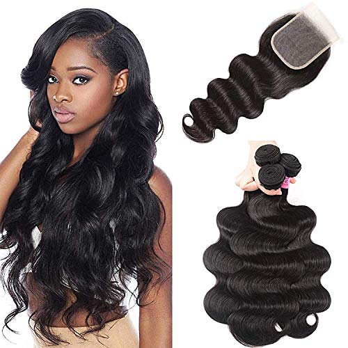 Image of UNice Hair Malaysian Body Wave Hair 3 Bundles with Free Part 4x4 Lace Closure, 100% Unprocessed Virgin Human Hair Weave Extensions Natural Color(14 16 18+14 Closure)
