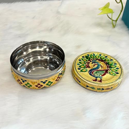 Image of NAVRANG Steel Container Box Meenakari Storage Box Golden Colour Peacock Design Pack Of 1 (10.5 x 10.5 x 5.5 Centimetre)