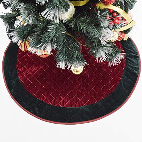 Ardour Van Gireshome Burgundy Velvet Quilted Lattice Center,Green Velvet Border Christmas Tree Skirt-36inch