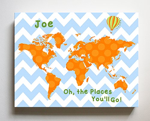 Dr Seuss, Personalized Canvas Nursery Chevron World Map, Customized Baby Name Wall Art Decor, Unique Educational Painting, Memorable Boys & Girls Gift, Giclee Print Stretched on Wood Frame 11X14