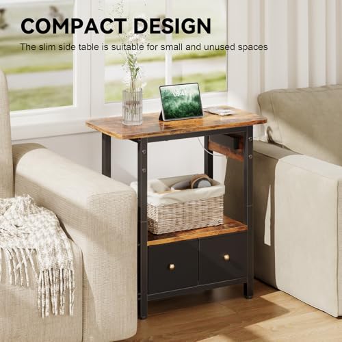 HLDIRECT Side Table with Charging Station, Narrow End Table with 2 Fabric Drawers and Large Storage Shelf for Bedside, Skinny Bedside Table for Small Spaces, Living Room, Bedroom, Rustic Brown by HLDIRECT - Image 7
