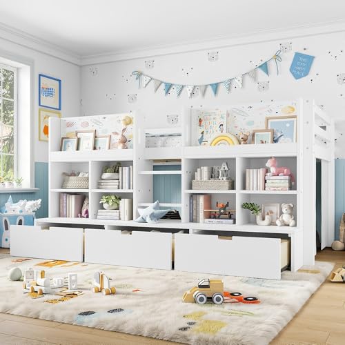 Image of Twin Size Low Loft Bed for Kids with Storage Shelves, Play Curtain & Chalkboard,Space-Saving Design,No Box Spring Needed (White-S7)