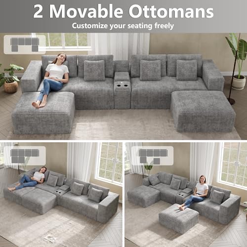 Image of 151 inch Oversized U Shaped Cloud Couches for Living Room, Fluffy Large Modular Sectional Sofa Set with Ottoman Chaise Comfy Corduroy Light Grey Boneless Couch with Cup Holder USB Port