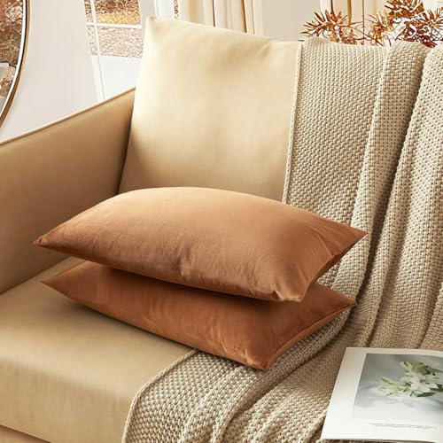 Image of JUSPURBET 12x20 Velvet Lumbar Throw Pillow Covers Set of 2,Mocha Mousse | Modern Soft Decorative Cushion Covers with Hidden Zipper for Couch Sofa Bed Living Room Bedroom Home Decor