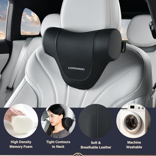 Image of Coverado Car Headrest Pillow, Ergonomic Memory Foam Car Neck Pillow for Driving Seat with Adjustable Strap, Soft PU Leather Breathable Removable Cover Neck Support for Neck Pain Relief - Black