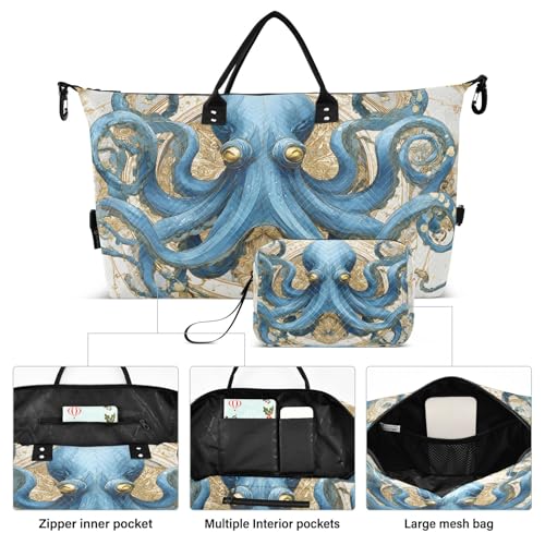 Weekender Bags Travel Duffel Gym Bag Blue Octopus Carry on Overnight Tote Bag with Toiletry Bag for Airplane Travel Trip Gym Yoga2
