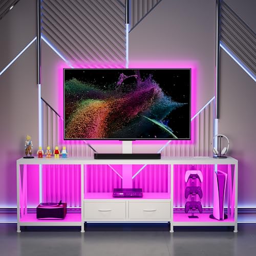 Image of 63 inch W TV Stand with Mount for 55,65,75 inch TV,Entertainment Center with Power Outlet and Led Lights,Height Adjustable TV Console Table with Open Storage Shelves and Fabric Drawers (White, 63 inch W)