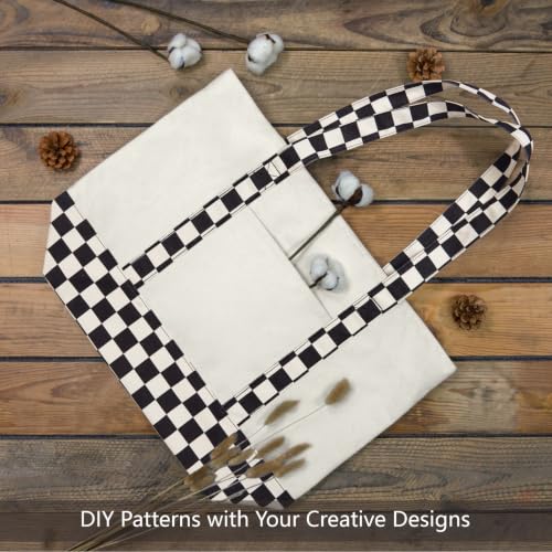 Image of TOPDesign 1-Pack Canvas Tote Bag with an External Pocket, Reusable Grocery Shopping Bag, Top Zipper Closure, Daily Essentials (Checkerboard /Natural)