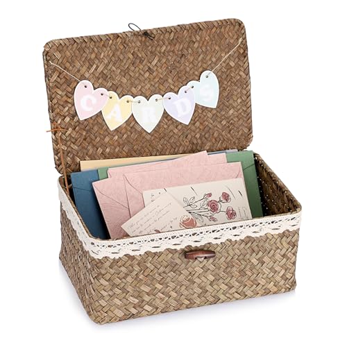 Hipiwe Wedding Card Basket Box Decorative Cards Holder with Letter Flag Handwoven Seagrass Basket Card Receiving Box for Wedding Reception Baby Shower Birthday Party Graduation Coffee Color