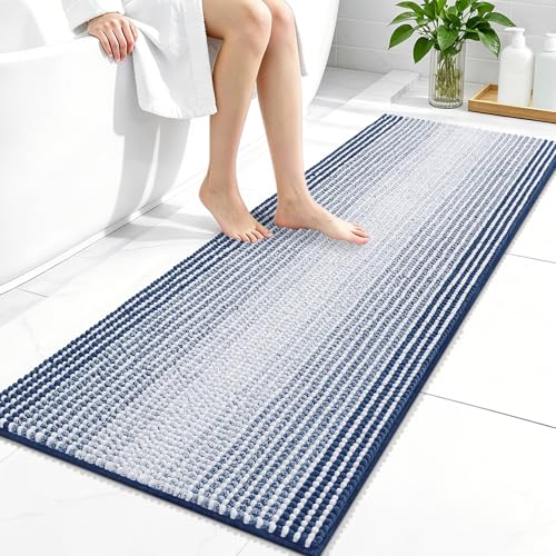 Image of OLANLY Bathroom Runner Rugs 47x20, Extra Soft Absorbent Chenille Striped Bath Rugs, Rubber Backing, Machine Wash Dry, Long Bath Mats for Bathroom, Tub, Shower, Home Decor Accessories, Navy