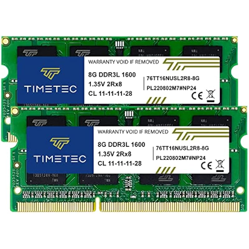 Timetec 16GB KIT(2x8GB) DDR3L/DDR3 1600MHz(DDR3L-1600) PC3L-12800 Non-ECC Unbuffered 1.35V/1.5V CL11 2Rx8 Dual Rank 204 Pin SODIMM Laptop Notebook RAM 16GB KIT(2x8GB)