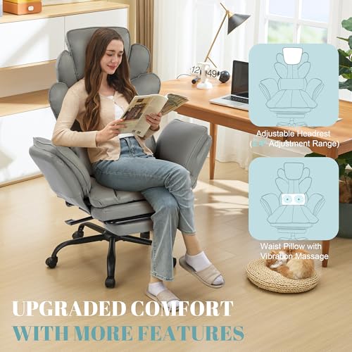 Image of Flip Armrests Criss Cross Office Chair, Reclining Office Chair with Foot Rest, Adjustable Headrest, Massage Waist Pillow, Cross Legged Big and Tall Desk Chair Wide Seat Vanity Chair, Grey PU Leather