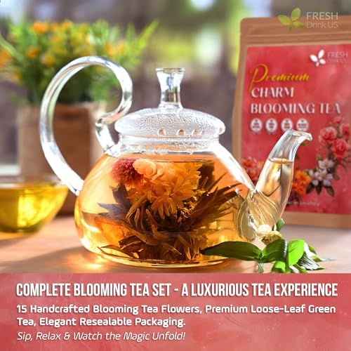 Image of FreshDrinkUS, Premium 15 Flowering Tea Balls - Green Tea, Lily, Jasmine, Rose, Gomphrena & More - Beautiful Hand-Tied Blooming Teas for Relaxation & Wellness - Caffeine-Free. Ideal Gift for Tea Lovers