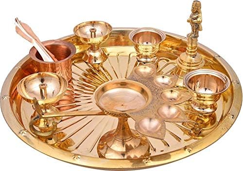 gt247 Diwali Puja Thali (1plate,1bell,1 arathi lamp,2 Diya,2kumkum Cup,1 Copper Glass and 1 Copper Spoon) Brass Pooja & Thali Set (7 Pieces, Multicolor)