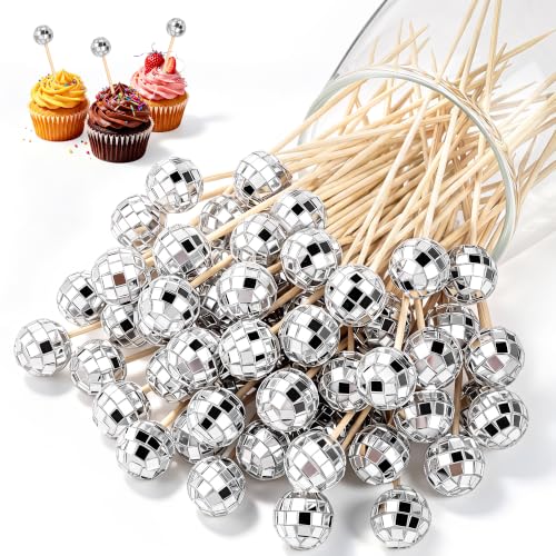 Aodaer 100 Pcs Disco Ball Cocktail Picks 4.7 Inch Mirror Ball End