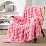 EXQ Home Fluffy Faux Rabbit Fur Throw Blanket for Couch, Soft Luxury Bubble Double Sided Plush Blanket, Cozy Thick Warm Fuzzy Decorative Blanket for Bed Chair Sofa Living Room,50'X60'(Dark Pink)