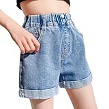 Teen Girls Bermuda Jean Shorts School Trendy Aesthetic Denim Short Elastic High Waist Y2K Fashion (Blue, 7-8 Years)
