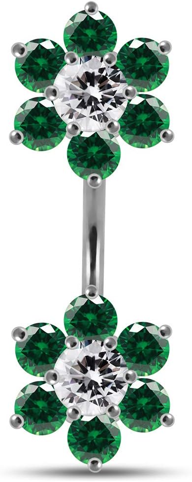 Twin Studded Large Flower Double Side Design 925 Sterling Silver with Stainless Steel Belly Ring - Belly Button jewelry - Navel jewelry - Silver Navel Ring