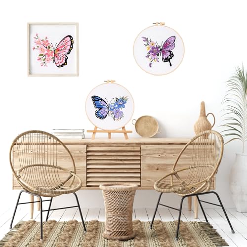 Image of LB Butterfly Embroidery Kit for Beginners Adults, 3 Sets Hand Embroidery Starter Kit with Flower Pattern and Instructions Stamped Cross Stitch Kits Include Embroidery Hoop Needles Threads Scissors