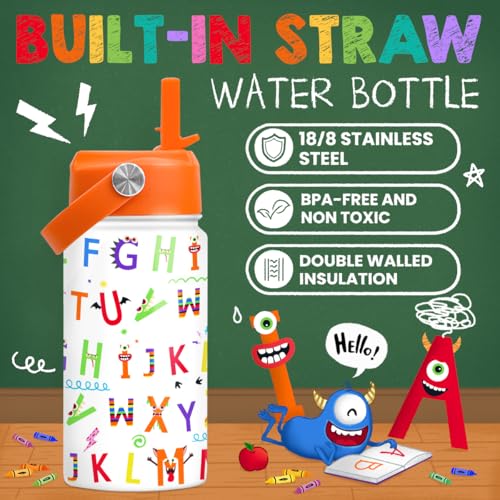 Image of SANDJEST Kids Water Bottle with Straw Lid - 12 Oz Alphabet Insulated Stainless Steel Water Bottles for Kid Girl Boys - Travel Cup for School Sports