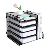 EasyOFC Organizador de escritorio, organizador de archivos, bandeja de papel de 5 niveles, almacenamiento de escritorio de malla con soporte para revistas para suministros de oficina (negro)