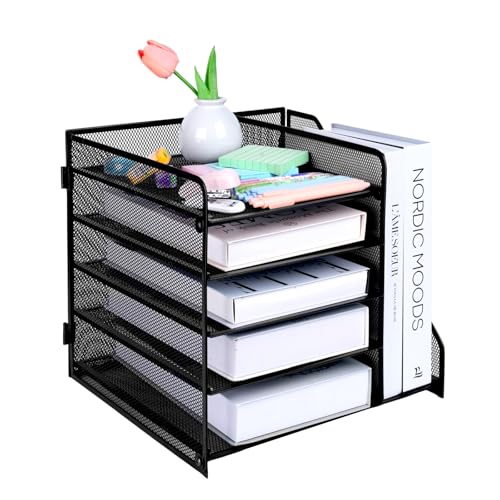 EasyOFC Organiseur de bureau à 5 niveaux, bac à courrier en maille avec porte-revues pour fournitures de bureau (noir)