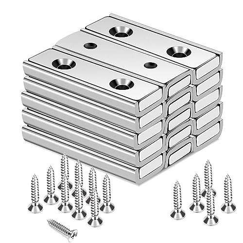 Image of TRYMAG Bar Magnets, 45Lbs 15 Pack Countersunk Hole Magnet with Screw | Silver,Heavy Duty Rare Earth ,Neodymium,Rectangular,for Mounting, Door, Garage, Workplace(40 x 13.5 x 5mm )