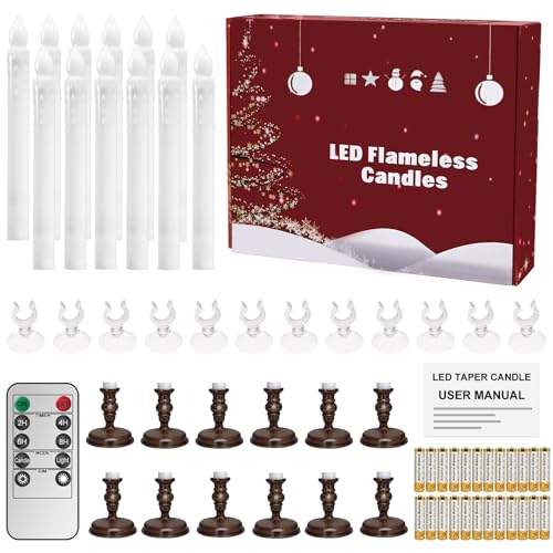 Image of 12 Pack Flameless LED Window Candles with Drip Texture, Removable Candle Holders, 24 AAA Batteries, Daily Timer, ON /Off Remote, 12 Window Suction Cups, Christmas Home Wedding Decor (Brown)