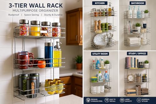 Image of 3 Layer Wall Mount Stainless Steel Multipurpose Storage Rack /Shelf,Kitchen Rack and Shelves for Storage - 3 Tier Rack for Kitchen and Bathroom,Utensil Storage for House