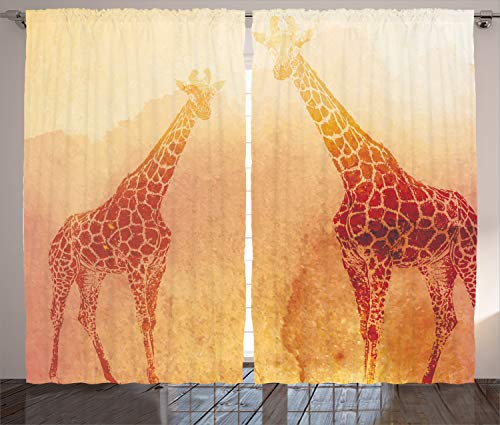 Ambesonne Savannah Curtains, Illustration Tropic Giraffes Tallest Neck Animal Mammal In Retro Vintage Print, Living Room Bedroom Window Drapes 2 Panel Set, 108" X 84", Orange #TOP26