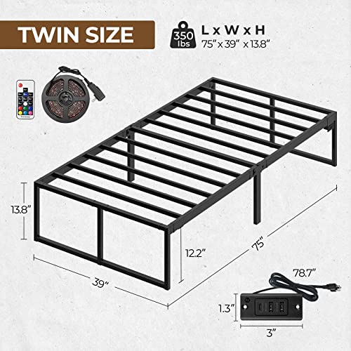 Rolanstar Bed Frame With Power Outlets& Led Lights, 14 Inch Metal Platform Bed Frame With Heavy Duty Steel Slat Support, Storage Space Beneath Bed, No Box Spring Needed, Noise Free, Black, Twin #TOP2