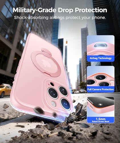 Image of FNTCASE for iPhone 15 Pro-Max Case: [360 Spin Magnetic Stand] [Compatible with Magsafe] [Screen Protector] Translucent Matte Military Grade Shockproof Full Camera Protective Phone Cover - Pink