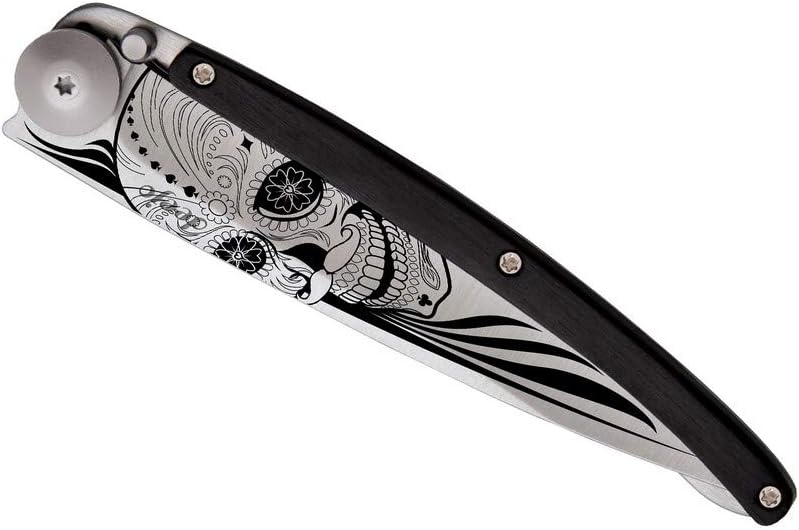 deejo - 37G Folding Pocket Knife with Belt Clip - Latino Skull Design, 3.7-Inch Stainless Steel Blade, Ebony Wood Handle - Lightweight Everyday Carry for Home, Work, and Outdoor Use