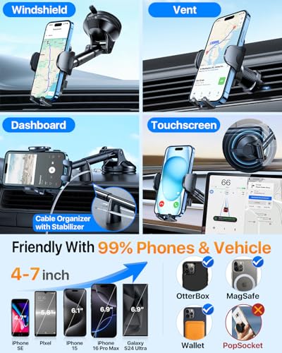 Image of YRU True Upgrade for Safety Car Phone Holder Mount Patent & Military-Grade Dashboard Cell Phone Holder for Car Vent Windshield Phone Stand for iPhone 17 16 15 14 13 Pro Max Truck Samsung, Matte Black