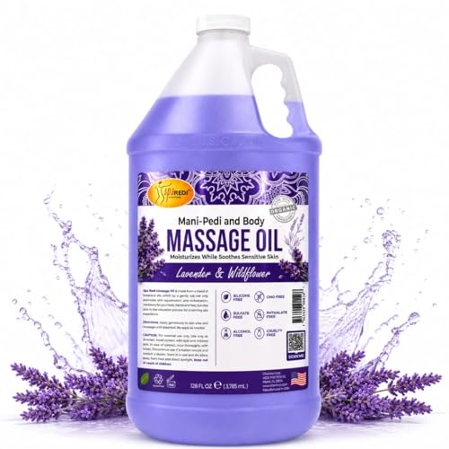 SPA REDI - Massage Oil, Lavender Wildflower, 128 Oz Professional Pedicure, Manicure, Full Body Massage Therapy With Almond Oil, Cotton Seed Oil, Sunflower Oil, Avocado Oil, Essential Oils Pkg May Vary