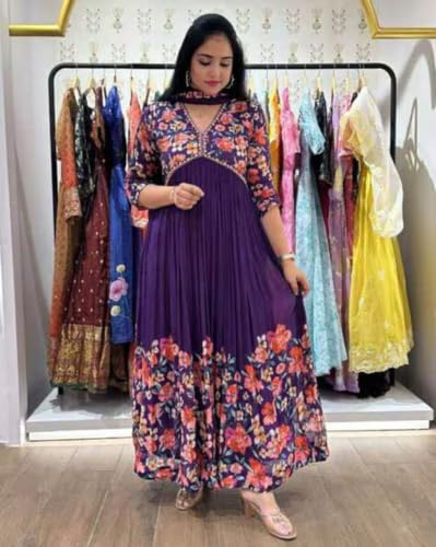 Image of KD Floral Printed Georgette Anarkali Suit for Women | Anarkali Kurta Set with Dupatta, Long Sleeve Kurti | Elegant Georgette Suit for Women Ethnic Kurti with Pant Asymmetric Hemline