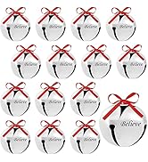 FOIMAS 12pcs 1.6 Inch Believe Bell Ornament Metal Christmas Sleigh Bells with Red Ribbon for Chri...