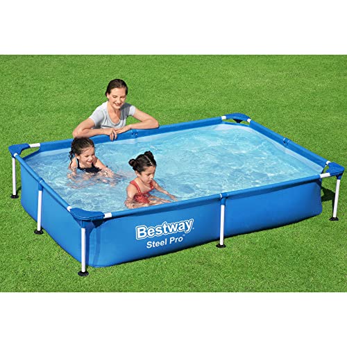 Bestway Steel Pro 87 Inch x 59 Inch x 17 Inch Rectangular Metal Frame Above Ground Outdoor Backyard Swimming Pool, Blue (Pool Only)