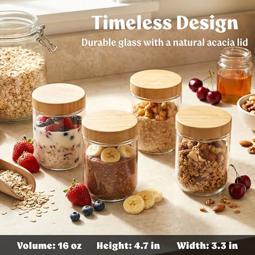 Image of EDELHAUS Overnight Oats Containers with Lids - Glass Mason Jars, Meal Prep | Bamboo Wood, Airtight Silicone Seal Set of 4 - Stackable for Chia Pudding, Yogurt, Cereal, Oatmeal, Salad, Pantry Storage