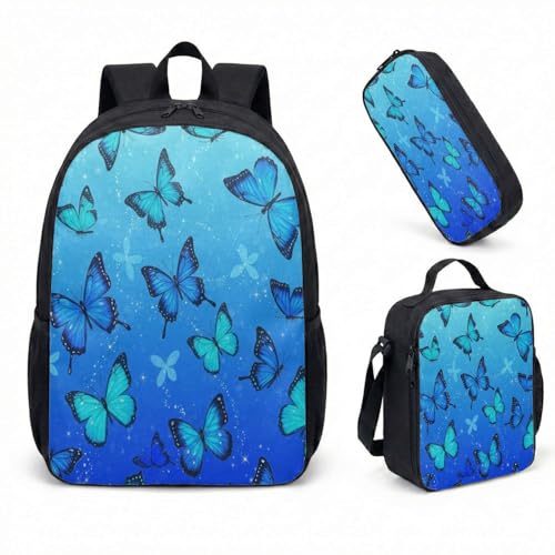 Mochila Blue Butterfly 43 cm, conjunto de 3 peças, bolsa de viagem com estética sonhadora para adultos, noite estrelada, laptop, mochila, 02, Large, Mochila estampada