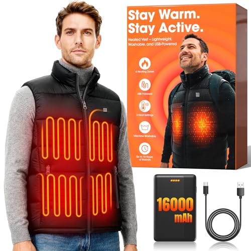 qsvgms Heated Vest for Men, 6 Heating Zones 7.4V 16000mAh