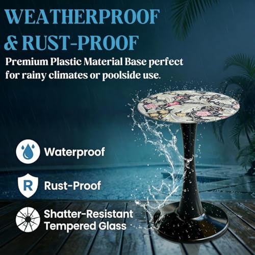 Simmer Stone 34 cm Outdoor-Bistrotisch, runder Terrassen-Bistrotisch, bedruckte Tischplatte aus gehärtetem Glas, wasserdicht, rostfreie Basis, kleiner Pflanzenständer für Balkon, Garten, Deck, 54,9 cm