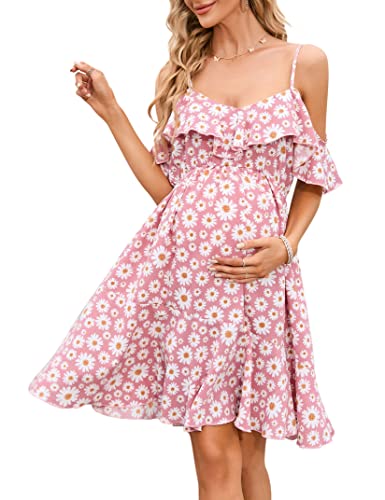 Maternity Nursing Dress Womens V-Neck Spaghetti Strap Ruffle Sleeve Daisy