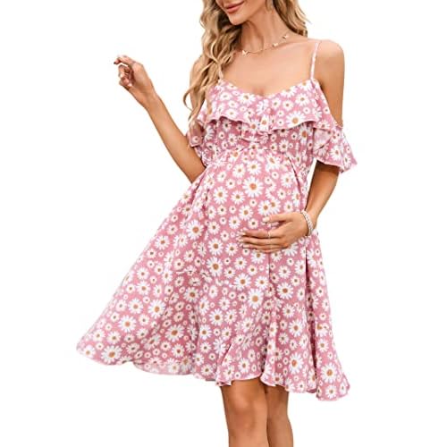 Maternity Nursing Dress Womens V-Neck Spaghetti Strap Ruffle Sleeve Daisy Printed A-Line Tiered Flowy Swing Dress, Medium, Pink