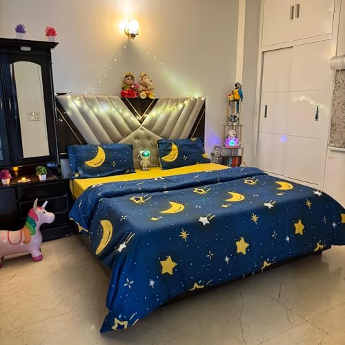 Image of Famyo King Size Bedsheet Set with 2 Pillow Covers, 250 TC Fitted Bedsheet & Comforter Cover (4pc Set) - Home Decor, 72x78 inches Kids Bed Sheet, Cute Moon & Stars Design - Blue, Yellow | 4-Piece Set, 250 TC Fitted Bedsheet, Comforter Cover & 2 Pillow Covers, 72 x 78 in, Blue & Yellow Kids Bedding
