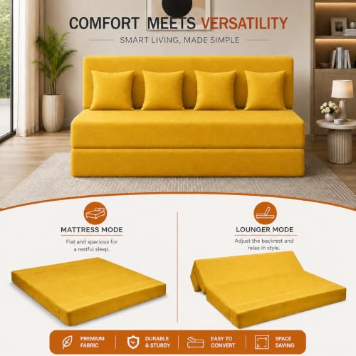 Image of Four Seater Sofa Cum Bed 6x6 Ft with Soft Foam Cushioning, Comfortable Foldable Sofa Bed for Living Room, Bedroom, Guest Room & Office(Yellow)