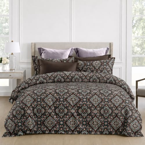 Image of DECOR2ADMIRE Super King Size Premium Bedsheet 108 x 108 Inches | 300 Thread Count | Glace Cotton | with 2 Pillow Covers | Abstract Prints | (Brown Teal Print)