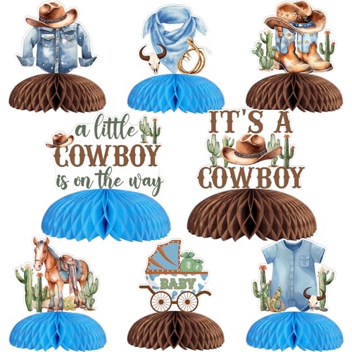 Baby shower de vaquero niño con adornos de panal de abeja verde y marrón para fiesta infantil